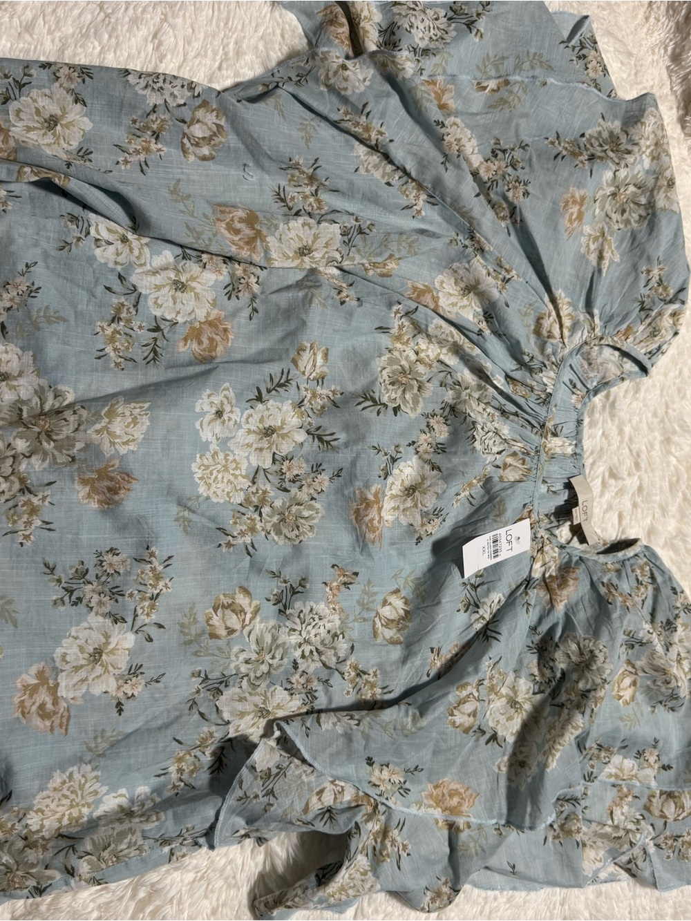LOFT Light Blue Floral Tie-Neck Ruffle Sleeve Blouse